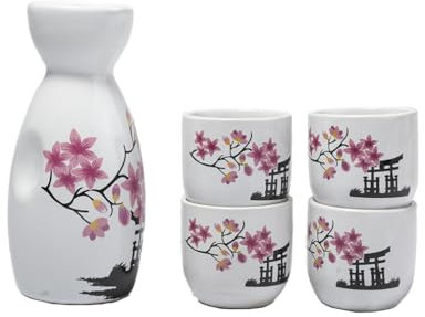 lachineuse - Traditionelles Sake-Service – Pagode und Kirschblüten – mit 4 Schalen & Karaffe – asiatisches Geschirr – traditionelles Saké-Service aus japanischem Porzellan – Geschenkidee für Asien