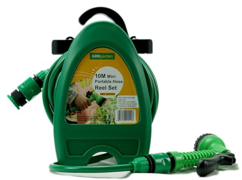 Gr8 Garden Hose Reel Watering Spray Gun Compact Portable Water Sprayer Pipe Reel with 10M 32 Feet Hose Fittings Set