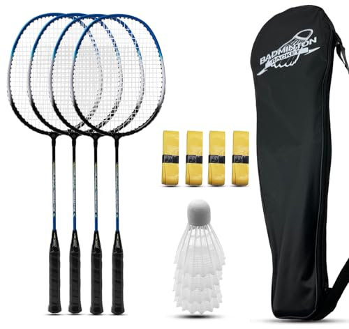 Magicorange Badmintonschläger 4er Set für Outdoor-Hinterhofspiele, einschließlich 4 Schläger, 4 Federbälle, 4 Ersatz-Griffbänder und 1 Tragetasche (Blau)