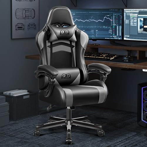 OneGame Ergonomischer Gaming Stuhl, hoher Rücken Computer Gamer Stuhl, höhenverstellbarer Game Stuhl, Racing Style Gaming Bürostuhl mit Kopfstütze und Lendenwirbelstütze, Schwarzgrau