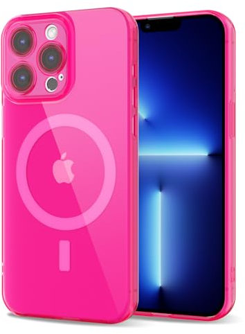 Svanove for iPhone 13 Pro Max Case Clear Compatible with Magsafe, Fluorescent Transparent Magnetic Magnet Mag Case, Slim Thin Bright Silicone Grip & Shockproof Bumper Camera Cover, Neon Hot Pink