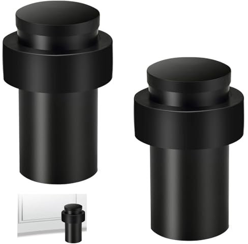 BRIOTA 2 Stück Türstopper, Bodenmontage Türstopper Heavy Duty Türstopper Edelstahl für Wand, Bodenmontage, Moderner Türstopper-Halter mit Schrauben Dicker Gummi-Stoßstange, Zylindrisch (Schwarz)