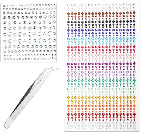 1037 pcs Rhinestone Stickers, Self Adhesive Festival Jewels with Tweezers Hair Pearls Face Diamonds Stick on Colorful Gem Gemstone Embellishment Tattoo for Makeup