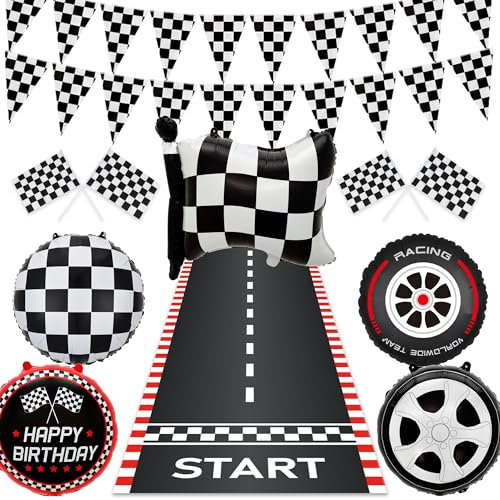 Racing Car Party Decorations Banner - Race Car Theme Birthday Decoration Set Black White Pennant Banners Checkered Flags Foil Balloon Racing Starting Flag for Boys Birthday Party Supplies