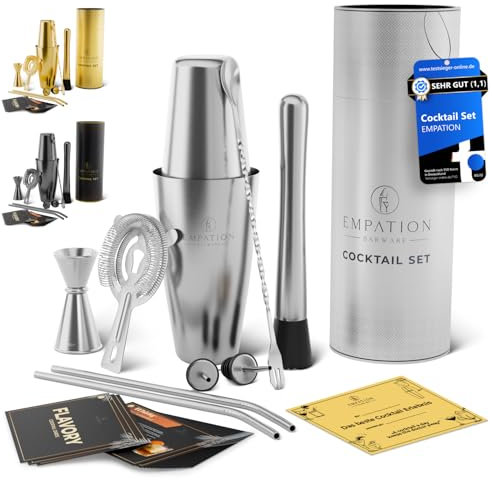 EMPATION Cocktail Shaker, 9-teiliges Cocktail Set mit 825ml Boston Shaker, Cocktail Zubehör inklusive Rezeptkarten, Bar Set für Anfänger und Profis, Cocktailshaker Set perfekt als Präsent geeignet