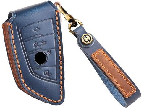 KUNIO Leder Schlüsselhülle Passt für BMW X1 X3 X6 X7 1er 3er 5er 6er 7er G20 G30 G31 G11 F16 G01 G02 F48 X5 F15 M50D Z4 G29 Schutz Schlüsseletui Cover Schlüsselanhänger Keyless 4 Tasten Blau