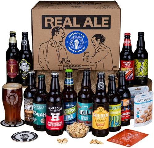 Deluxe British Real Ale Happy Birthday Beer Gift - 12x500ml Traditional Ales with 2 Snacks & Craft Beer Tasting Guide by QWERTY Beer Box - Birthday Gifts for Him, Birthday Gifts for Men, Dad Gifts