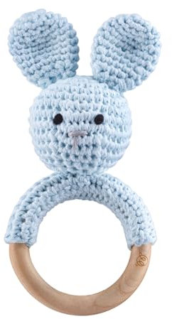 MayLily - Rassel & Beißring Hase – Handgefertigtes - Spielzeug für Babys - Holz Baby Rassel Greifling - Babyrassel Holzspielzeug Beißring für Mädchen und Junge - Geschenk zur Geburt (light blue)