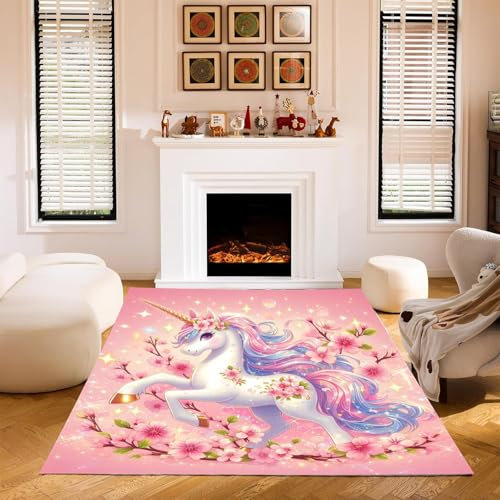 CYSYLQW Einhorn Teppich Wohnzimmer 160x230cm Schlafzimmer kinderteppich Cartoon Einhorn kinderzimmer Junge, Einhorn Teppich wohnzimmerteppich fur Dekoration (100x160 cm,1)