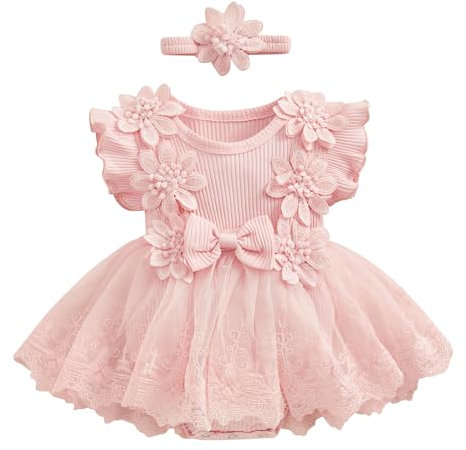 Baby Girl Lace Tulle Romper Tutu Dress Ruffle Sleeve Flowers Bodysuit Summer Overall Princess Party Dress with Headband 2Pcs Outfit (A-Pink, 3-6 Months)