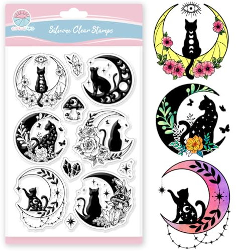 GLOBLELAND Mond Und Katze Silikonstempel Kristallpilz Transparente Stempel Stern Rose Klare Stamps Für Karten Herstellung DIY Scrapbooking Basteln
