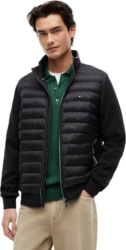Tommy Hilfiger Men’s Stand Collar Mix Media Quilted Sweatshirt with Zip, Black (Black), XL