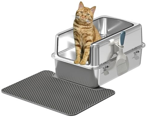 Youyijia XXL Katzentoilette Edelstahl, 30L Katzentoilette mit spritzwassergeschützt Deckel, großem Metall-Streubehälter, Streumatte und Streuschaufel, große und mittelgroße Katzen, 59,5 x 39,5 x 30 cm