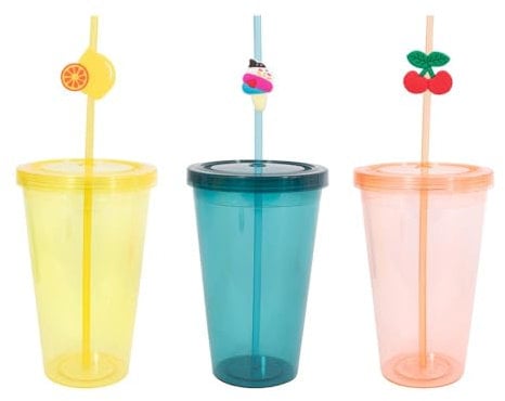 Pack of 3 Plastic Drinks 725ml Tumblers With Straws Lids Summer Outdoor Picnic Orange Blue Yellow Reusable Cocktails Party
