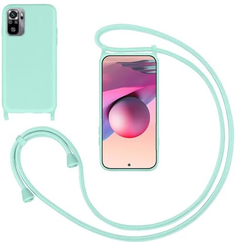 Coque pour Redmi Note 10 4G/Redmi Note 10S avec Cordon,Souple Silicone Housse avec Bandoulière en Nylon, Réglable Lanyard Case Protection Complète Cover Etui Antichoc Protection,Vert Clair