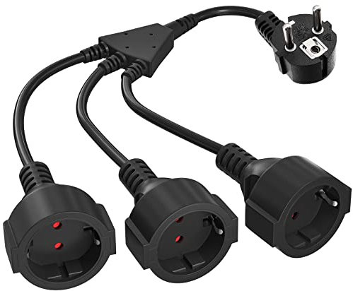 Steckdosenadapter als wetterfeste Dreifachsteckdose Außen: 3er Stecker für Steckdose 3fach mit Winkelstecker & Klappdeckel (Y-Stromkabel für Innen/Außen, Schwarz)