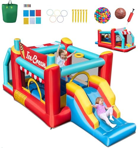 GYMAX Castello Gonfiabile per Bambini, con Scivolo, Casa da Rimbalzo e Piscina di Palline, Canestro da Basket, Gioco di Anelli, Area Giochi Multifunzionale, Accessori Inclusi, per 3+ Anni