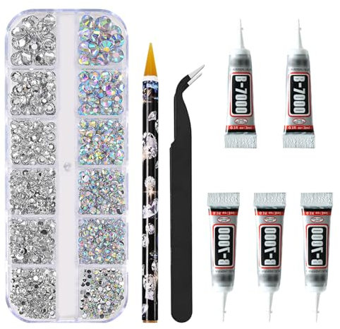 Sdhgerh Nail Rhinestones Charms with Tweezers and Wax Pencil Sparkling Nail Gems Set with 5 Pcs 3ml B7000 Rhinestone Glue 6 Sizes Flat Back Gems Bedazzling Kit for Nails Art Clothes Craft