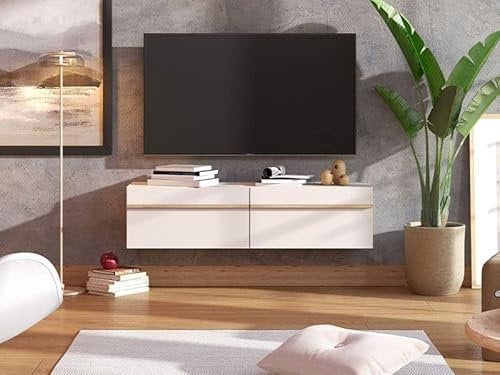 Floating TV Stand Cabinet 128cm - Wall Mounted Modern Media Unit in Cashmere & Oak,