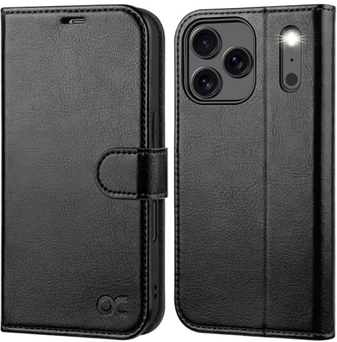 OCASE Hülle für iPhone 17 Pro 5G, Handyhülle Premium PU Leder Schwarz | Kartenfach Magnet Standfunktion RFID Blocker Stoßfest Lederhülle