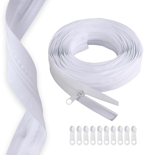 20m Cerniera Lampo - 3,2 cm Cerniera a Metro con Cursori - Nylon con 40 Cursori - Per Cucito e Fai-da-te - Per Abbigliamento, Borse, Biancheria da Letto (Bianco)