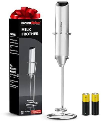 Bonsenkitchen Milk Frother Hanheld with Stand, Battery Operated, Silver | 15s Froth, Stainless Steel Whisk, Dedicated Stand, Ergonomic Handle, 2 AA Batteries