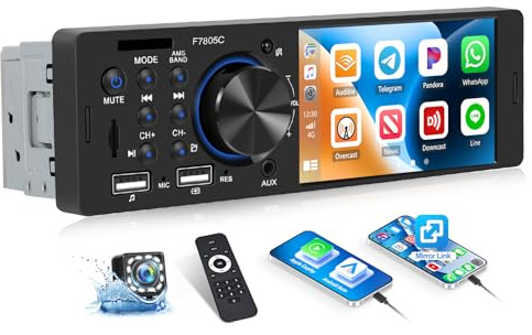OiLiehu Single Din Car Stereo with Wired CarPlay Android Auto, 4 Car Radio with Touchscreen, MP5 Multimedia Player with Mirror Link, Bluetooth, FM, USB 2.0, TF-Port, EQ, SWC, AUX-IN, Backup Camera
