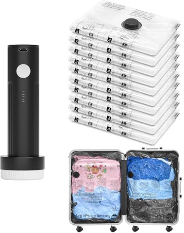 Vacuum Seal Bags for Clothing Travel and Home Storage, Travel Vacuum Bags with Electric Pump, Space Saver Compression Packing Cubes for Luggage Suitcase Bedding Blankets Clothes, 10 Small