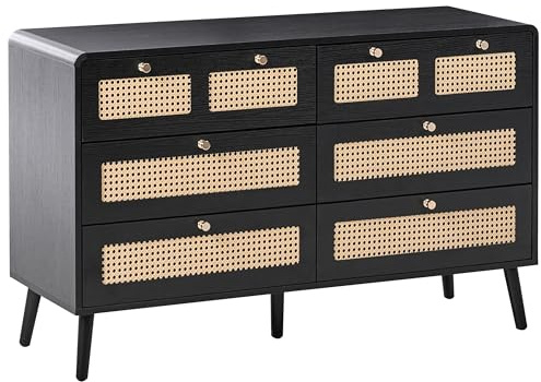 Beliani Chest of Drawers MDF 6 Drawers Wooden Legs Golden Handles Boho Style PE Rattan Black Moura