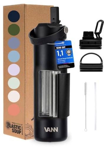 VANN Trinkflasche 650ML mit Strohhalm - 3fach isoliert [24h kalt 12h warm] | Thermosflasche für Fitnessstudio, Sport - Trinkflasche Edelstahl [BPA-Frei] - Wasserflasche inkl.5 Zubehörteile - UB Schwarz