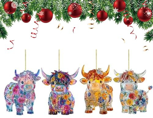 Highland Kuh Weihnachtskugel Aus 2D Acryl Christbaumschmuck Lustig - Christbaumkugel Figuren Weihnachtsdeko Anhänger - Deko Baumkugel (4PCS)