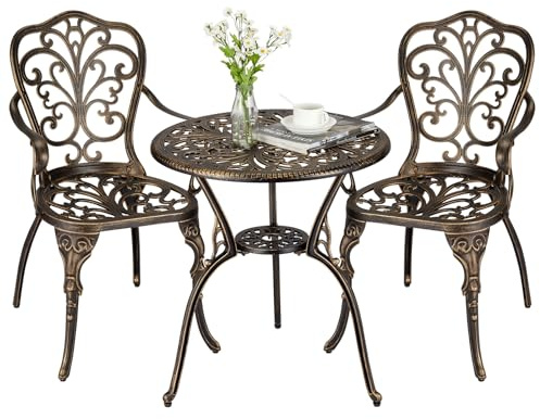 RBFGYIOP 3-teiliges Bistro-Set aus Aluminium-Druckguss – Tisch mit Sonnenschirm-Portal – 2 Stühle wetterfest – ideal für Garten, Terrasse, Balkon, Pool – Farbe Bronze