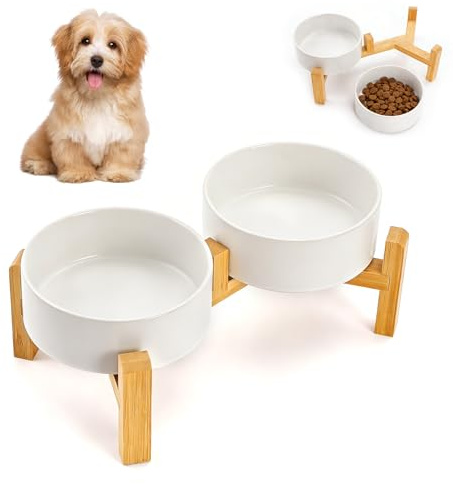 QUMENEY Elevated Ceramic Double Dog Bowl Set Raised Dog Bowl with Non-Slip Bamboo Stand Dog Food and Water Bowl for Small and Medium Breed Dog（395ML）