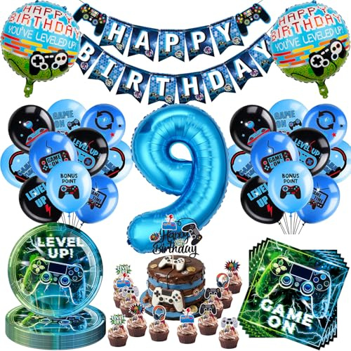 Ezydka Gaming Geburtstagsdeko Set Gamer Deko Geburtstag Junge Party Deko | Videospiel Gaming Birthday Decorations mit Banner Luftballons Partygeschirr Servietten Tortendeko für Thema Geburtstag(9)