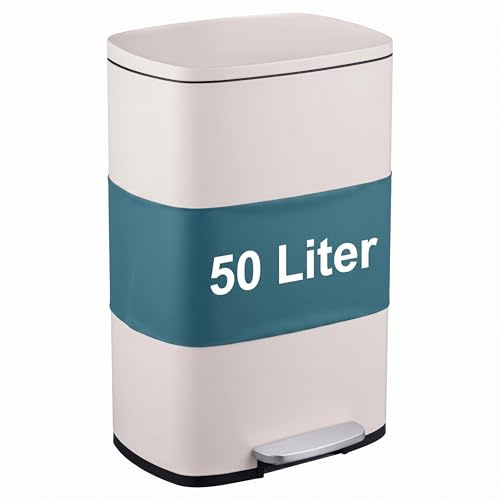 Relaxdays Mülleimer, 50 Liter, Küche, entnehmbarer Inneneimer, Fußpedal, Softclose, Edelstahl, Tretmülleimer, beige