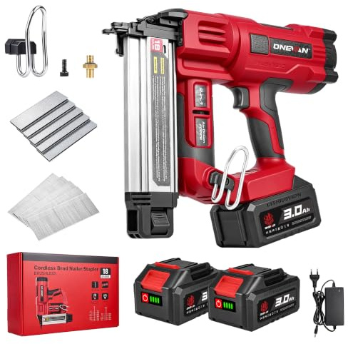 ONEVAN 18GA Akku Tacker Nagelpistole mit 2x 3.0Ah Batterien und 1000 Nägel | 40Min Laufzeit, Nagelbereich 15mm–50mm, 120 Nägel/Min, Tiefeneinstellung, Geringe Nagelstaugefahr, für DIY, Tischlerei