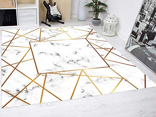 Teppich Marmor Weiß und Gold Boden Zimmer PVC Abweichungen Maße(BxH) PVC Teppichboden Vinyl-Bodenbelag Aufkleber für Haus Dekoration Modern Design Original, Kreative 95x200cm