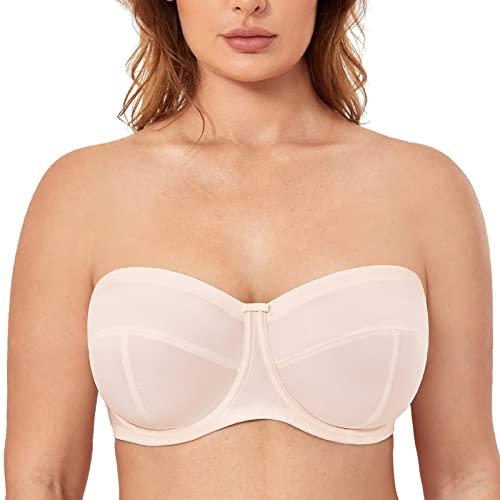 DELIMIRA Femme Soutien Gorge sans Bretelles Grande Taille avec Armature Bandeau Non Rembourré Antiglisse Rose Blanc 110F