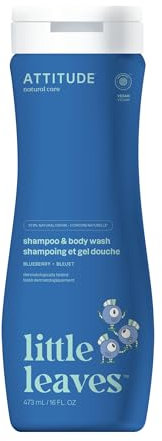 ATTITUDE Shampoo and Body Wash for Kids, EWG Verified Hair and Body Cleanser, Dermatologically Tested Soap, Plant and Mineral Based Bath Products, Vegan, Blueberry, 473 mL