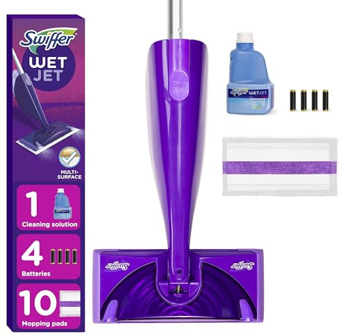 Swiffer WetJet - Kit di pulizia per pavimenti e pavimenti in legno duro, include: 1 Power Mop, 10 tamponi, soluzione di pulizia, batterie