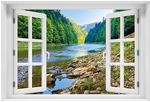 Wallario Glasbild 60 x 90 cm mit Fensterrahmen mit Fenster-Illusion: Fluss in den Bergen an steinigem Ufer - Wandbild mit freischwebender Optik
