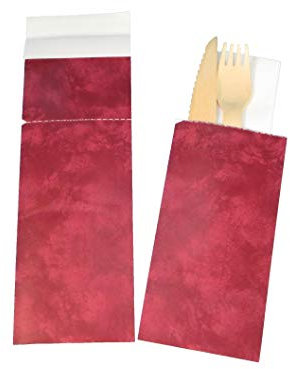 500 Serviettentaschen Bestecktaschen Sacchettos FSC 250x85mm verschließbar Bordeaux inkl. Tissue Serviette 33x33cm weiß