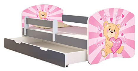ACMA Kinderbett Jugendbett mit Einer Schublade und Matratze Grau mit Rausfallschutz Lattenrost II (10 Teddybär, 180x80 + Bettkasten)
