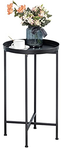 HollyHOME Small Round Metal Waterproof End Table, Accent Indoor&Outdoor Coffee Side Table, Snack Sofa Table for Living Room, Anti-Rust Decorative Plant Stand, (D) 14.5 x (H) 25, Black