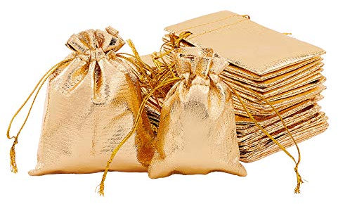 PandaHall 60Stk 2 Größen Goldene Geschenktüten, 12x9cm / 7x9cm Rechteck Organza Tasche Kordelzug Aufbewahrungstasche Für Schmuck Hochzeitsfeier Weihnachtssüßigkeit