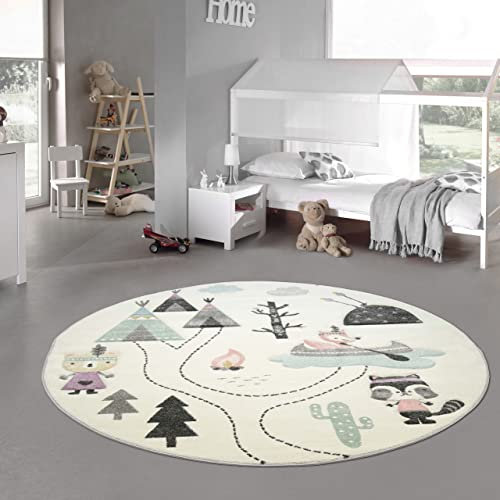 Teppich-Traum Kinderzimmer Teppich Spielteppich Bären Indianer Zelt Kaktus Kanu Tannen Creme grau grün, Größe 120 cm rund