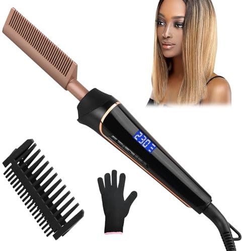 Hot Comb Straightener for Wigs & Afro Hair, 230°C Electric Heat Pressing Comb, Adjustable 80-230°C Temperature, LCD Display with Anti-Scald Hood & Gloves