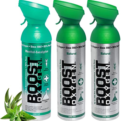L'oxygène pur dans la canette – NATUREL MENTHOL-EUCALYPTUS, 27L d´oxygène pur concentré à 95% dans 3x9L canettes portable pour plus de 450 bouffées d'oxygène pur.