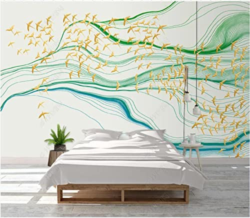 Fototapete 3D Effekt Grüner Künstlerischer Geometrischer Gestreifter Goldener Vogel Vliestapete Wand Tapeten Wallpaper Wandbilder 430x300cm