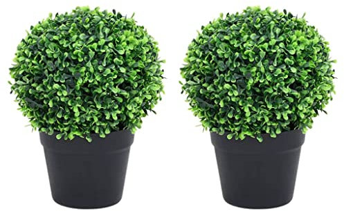 vidaXL 2x Artificial Boxwood Plants with Pots Ball Shaped Outdoor Patio Decor Artificial Flower Realistic Fake Plant Topiary Tree Green 32 cm